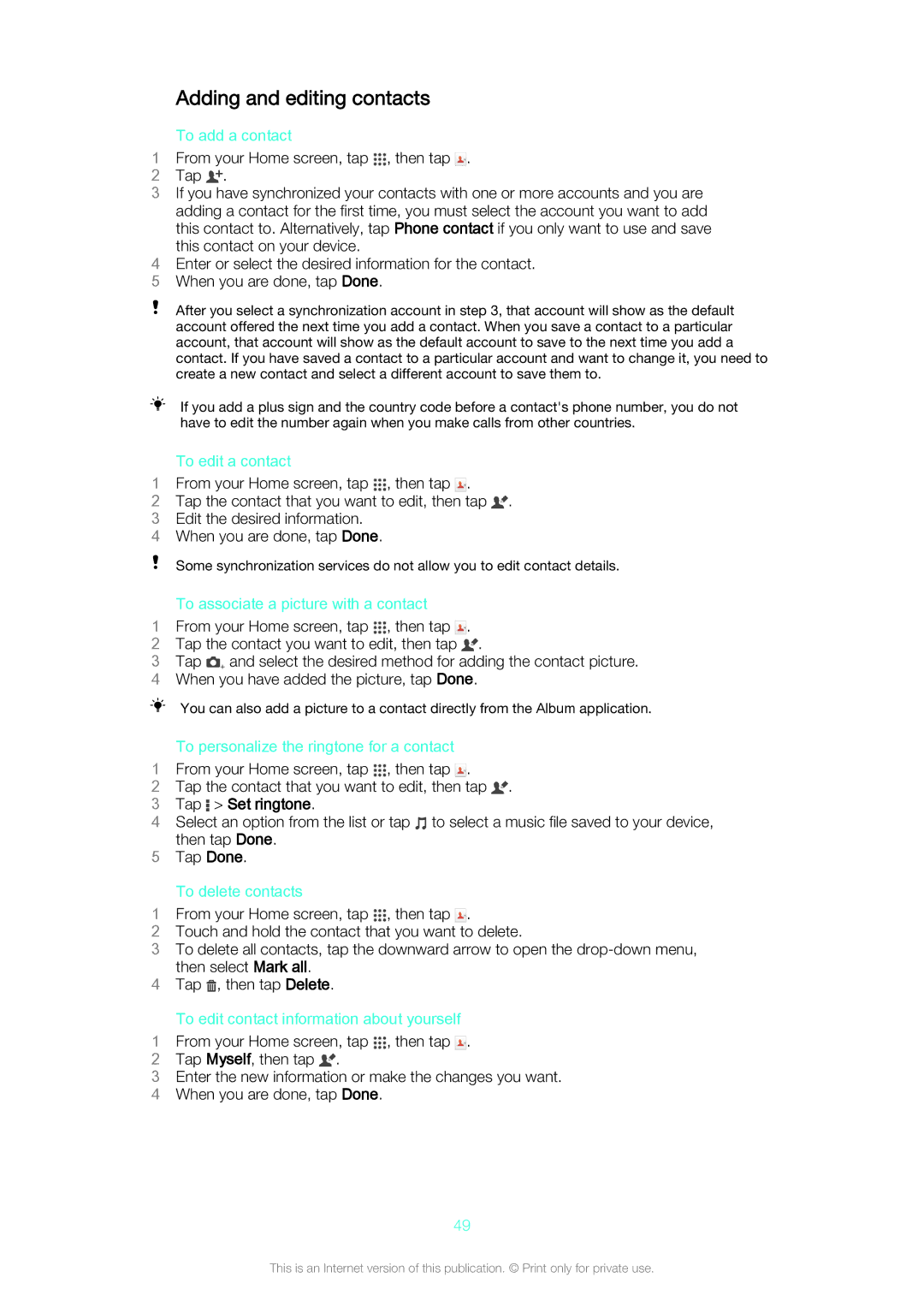 Sony C5503, C5502 manual Adding and editing contacts, Tap Set ringtone 