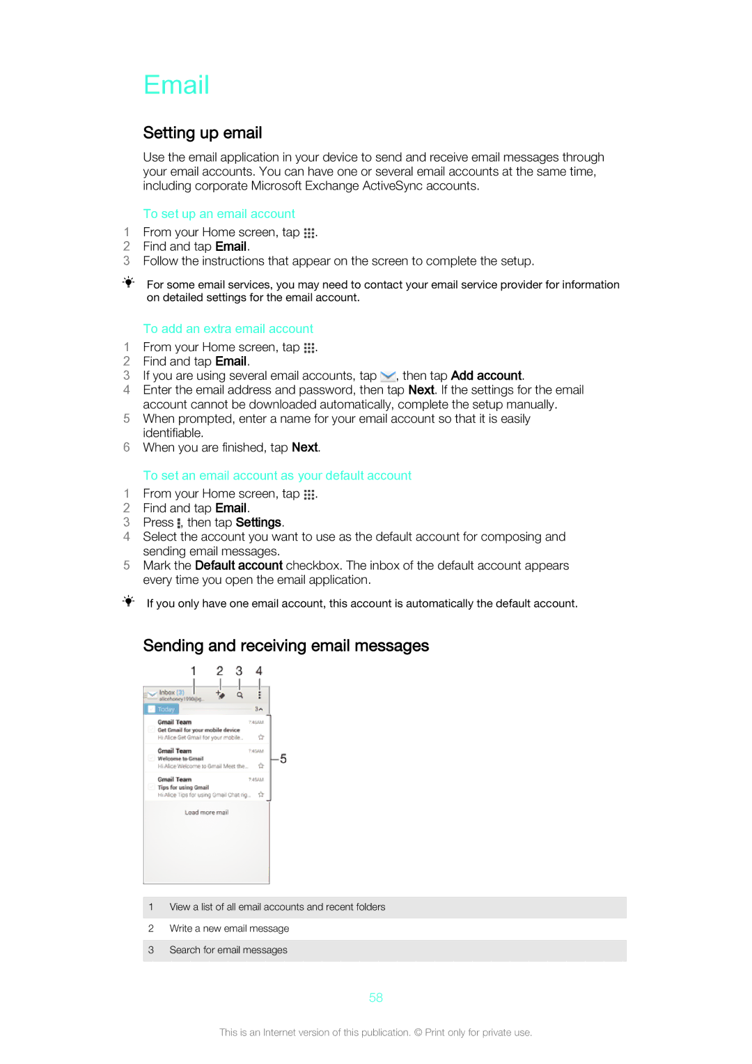 Sony C5502, C5503 manual Setting up email, Sending and receiving email messages, To set up an email account 