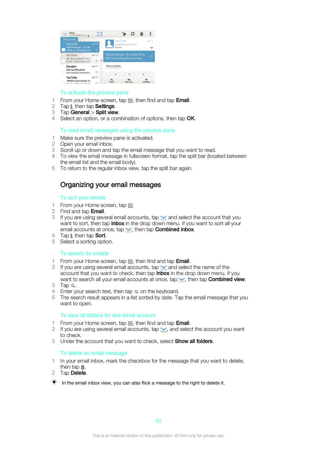 Sony C5502, C5503 manual Organizing your email messages, Tap General Split view, Tap Delete 