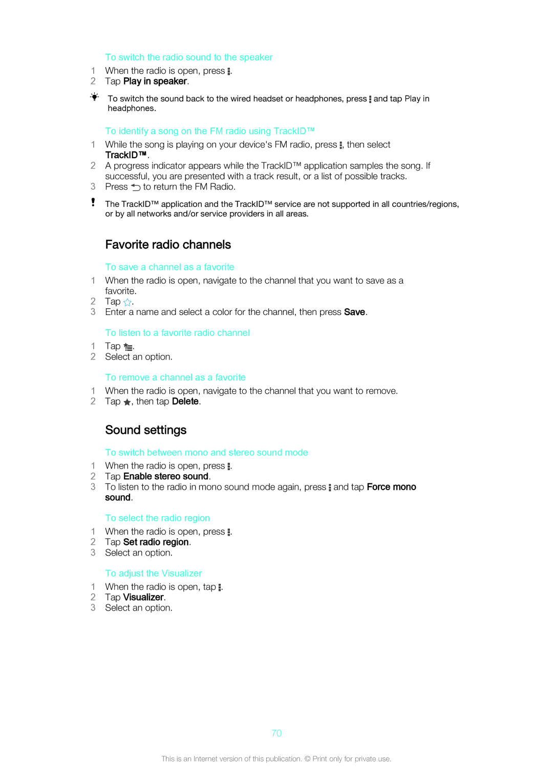 Sony C5502, C5503 manual Favorite radio channels, Sound settings 