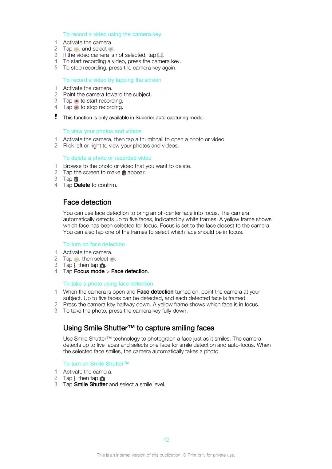 Sony C5502, C5503 manual Using Smile Shutter to capture smiling faces, Tap Focus mode Face detection 
