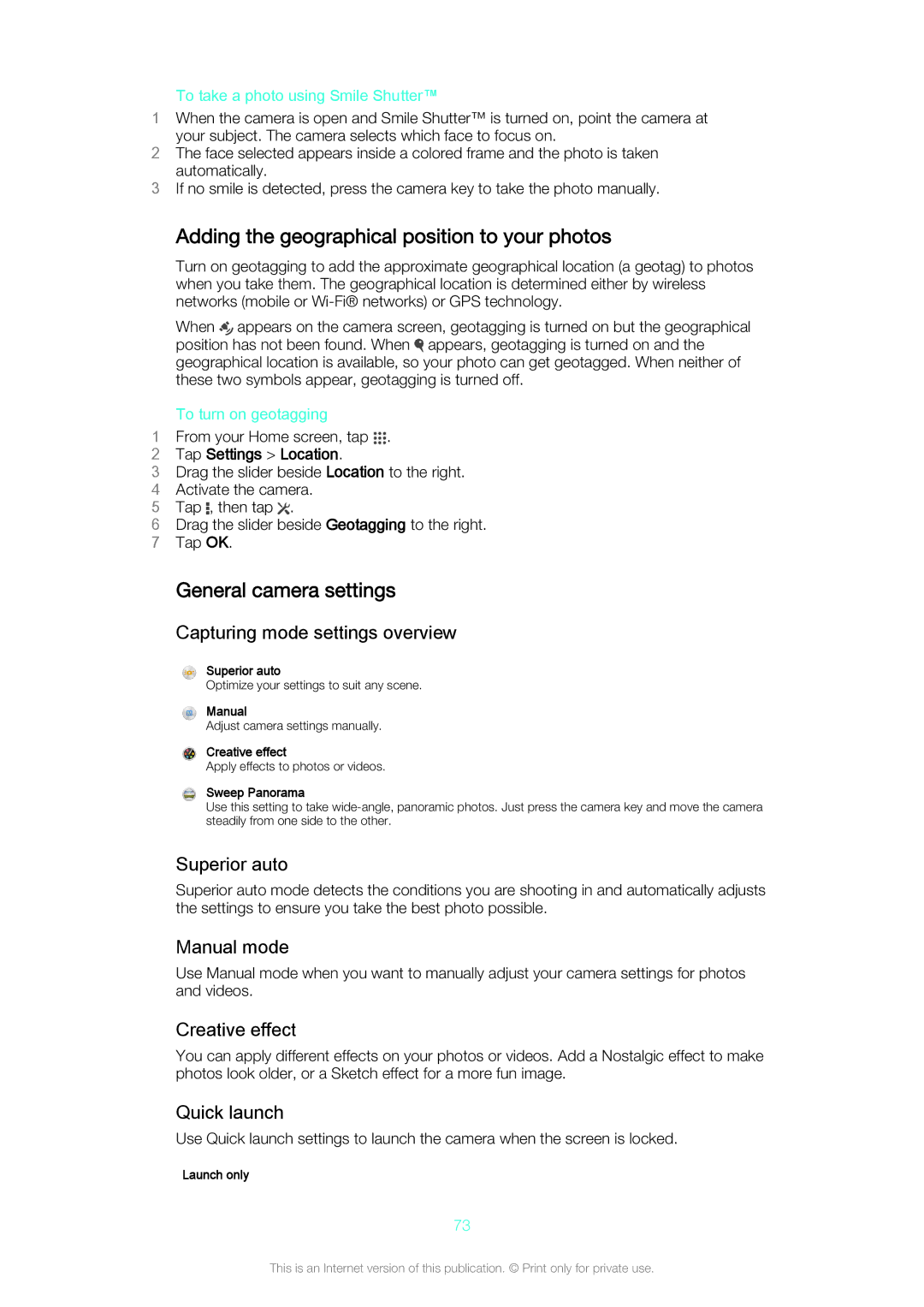 Sony C5503, C5502 manual Adding the geographical position to your photos, General camera settings 