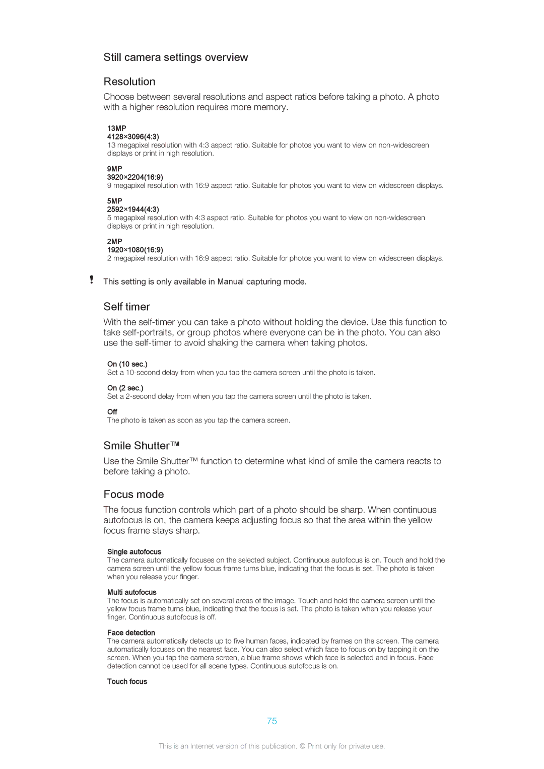 Sony C5503, C5502 manual Still camera settings overview Resolution, Self timer, Smile Shutter, Focus mode 