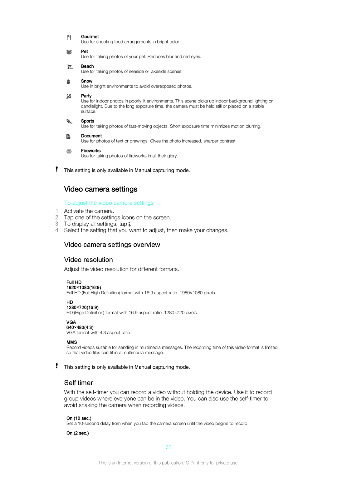 Sony C5502, C5503 manual Video camera settings overview Video resolution, To adjust the video camera settings 