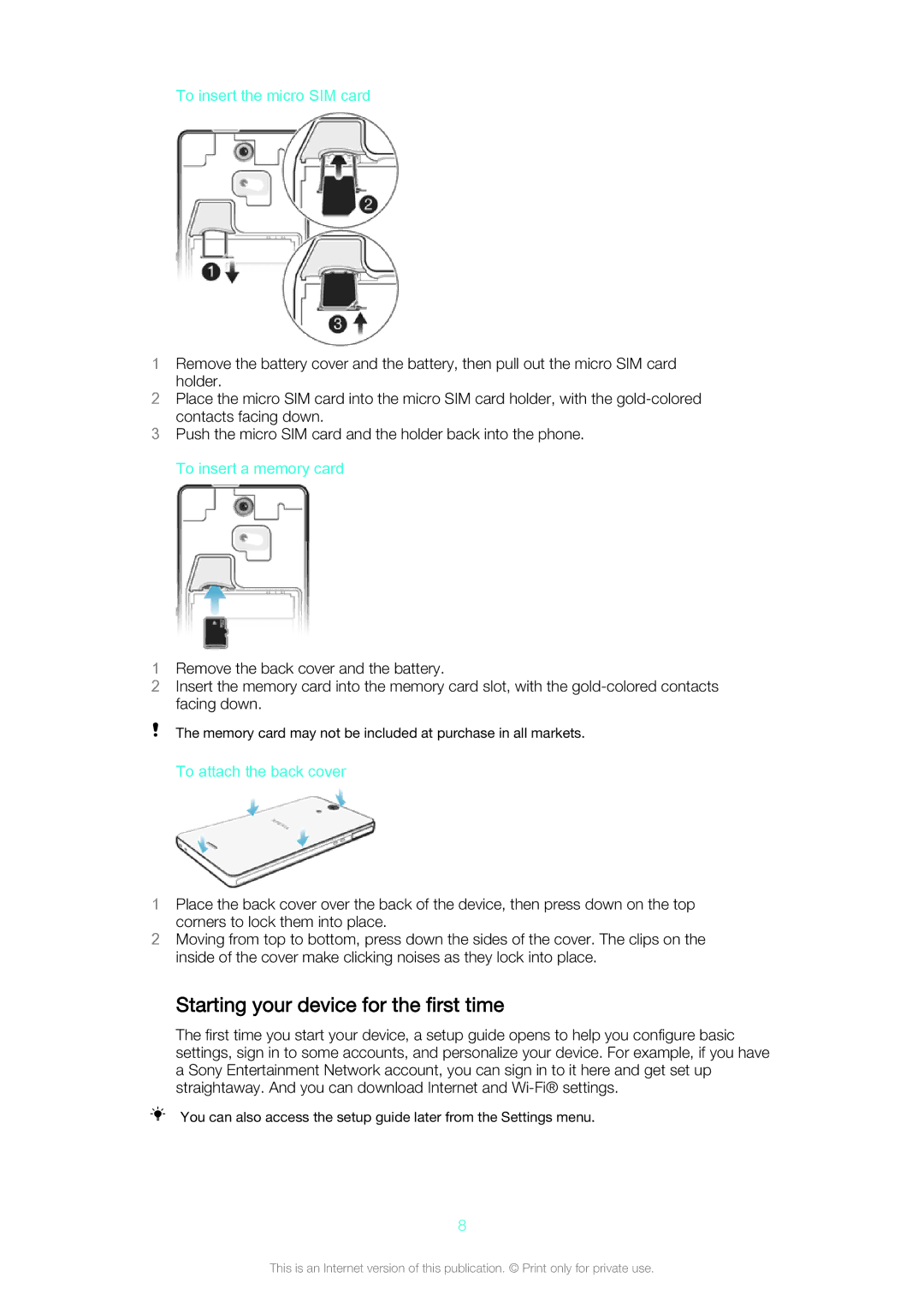 Sony C5502, C5503 manual Starting your device for the first time, To insert the micro SIM card, To insert a memory card 