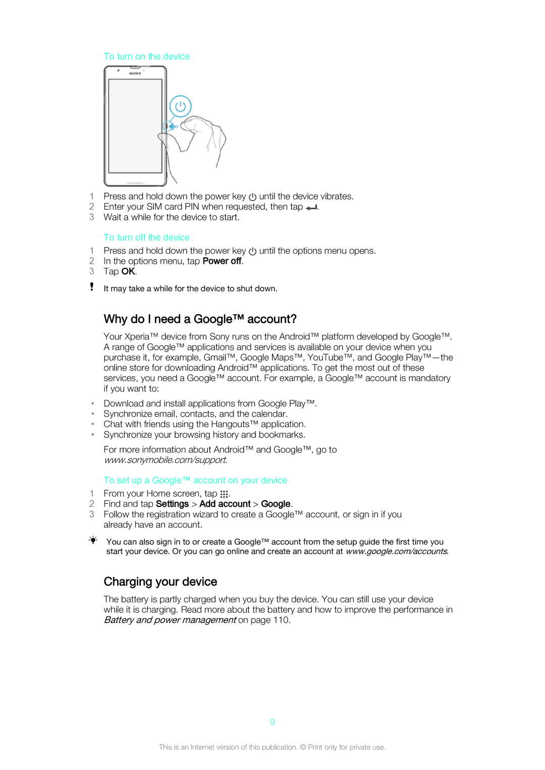 Sony C5503, C5502 manual Why do I need a Google account?, Charging your device, Find and tap Settings Add account Google 