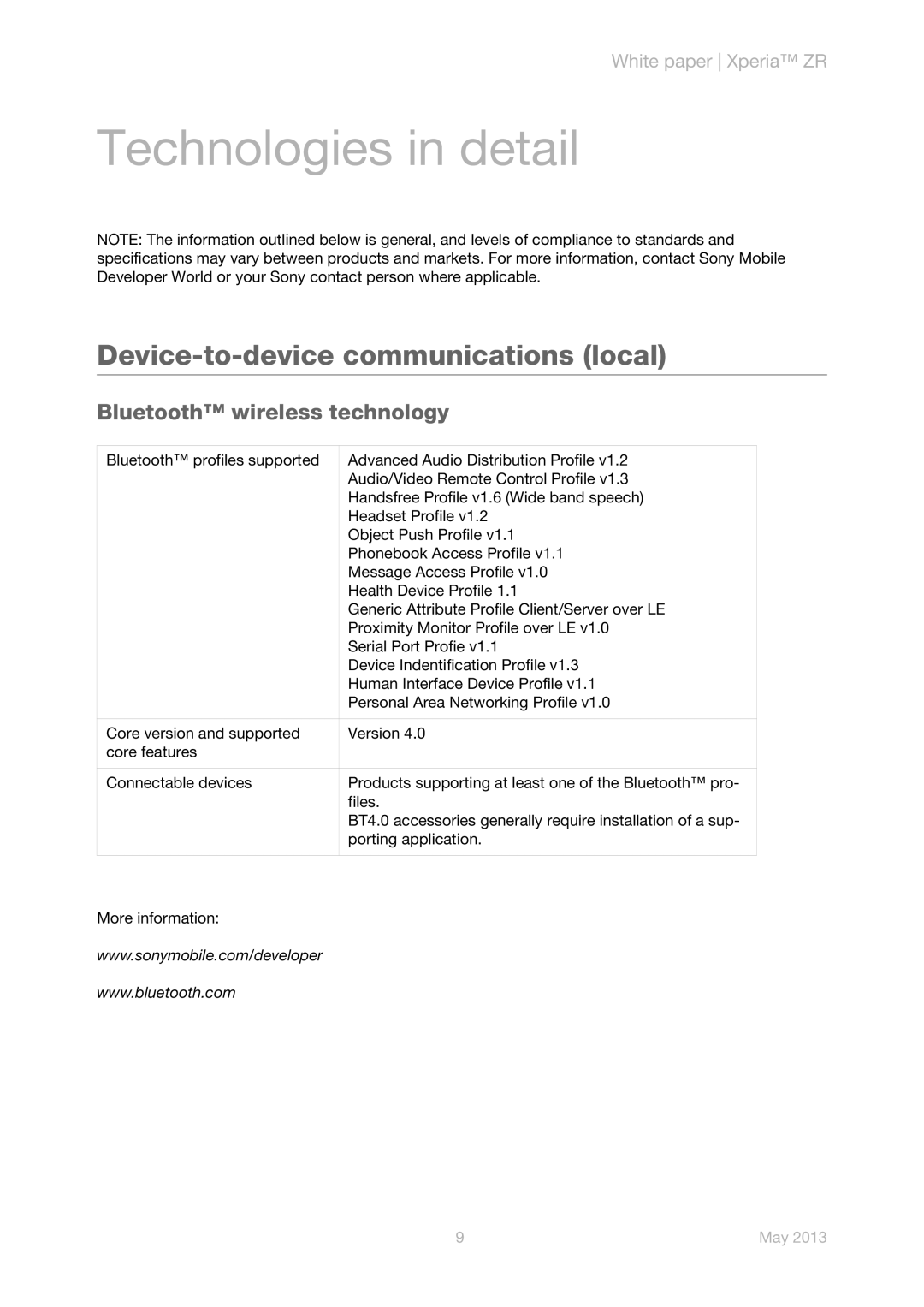 Sony C5503 manual Technologies in detail, Device-to-device communications local 