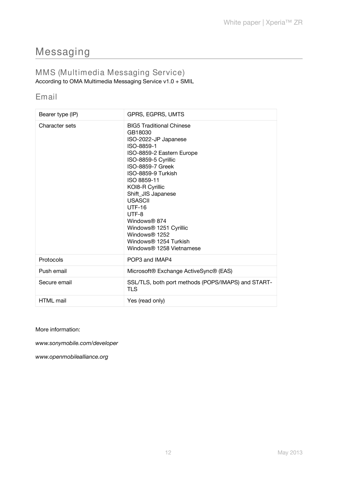 Sony C5503 manual Messaging, GPRS, EGPRS, Umts, Usascii, Tls 