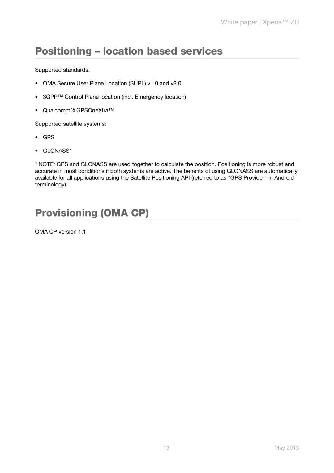 Sony C5503 manual Positioning location based services, Provisioning OMA CP, GPS Glonass 