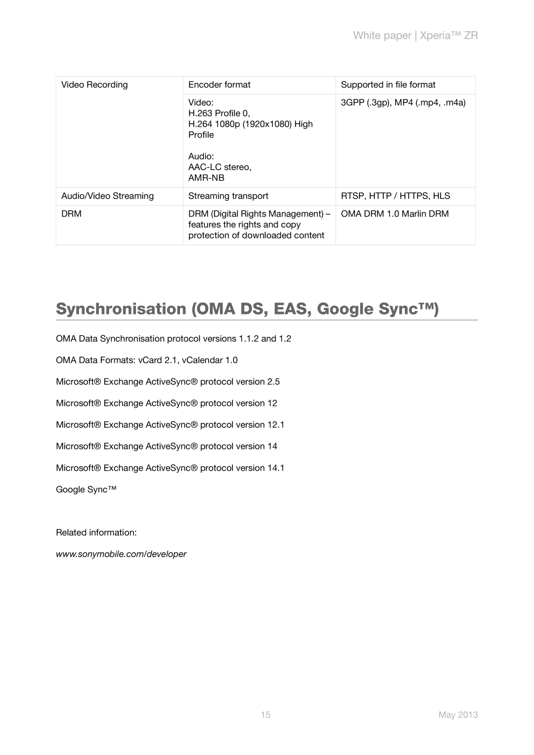 Sony C5503 manual Synchronisation OMA DS, EAS, Google Sync, Amr-Nb, RTSP, Http / HTTPS, HLS, Drm 