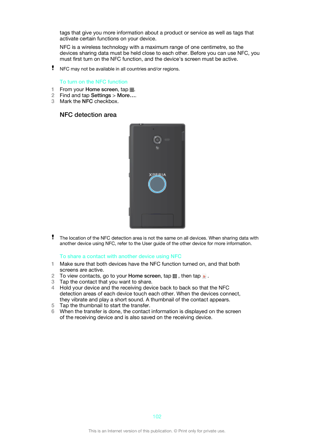 Sony C6506, C6502 NFC detection area, To turn on the NFC function, To share a contact with another device using NFC, 102 