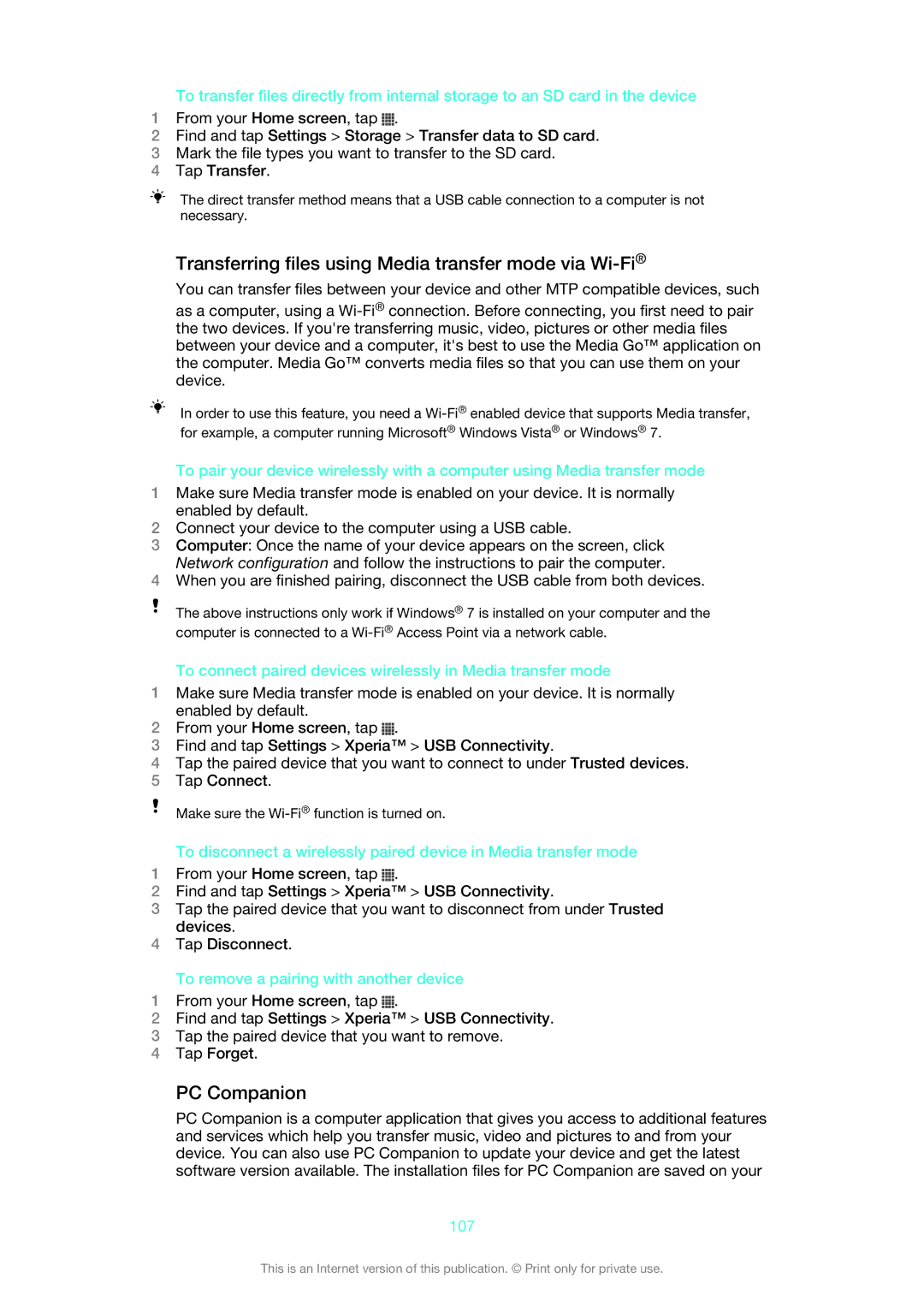 Sony 1273-5759, C6502, C6503, C6506 manual Transferring files using Media transfer mode via Wi-Fi, PC Companion, 107 