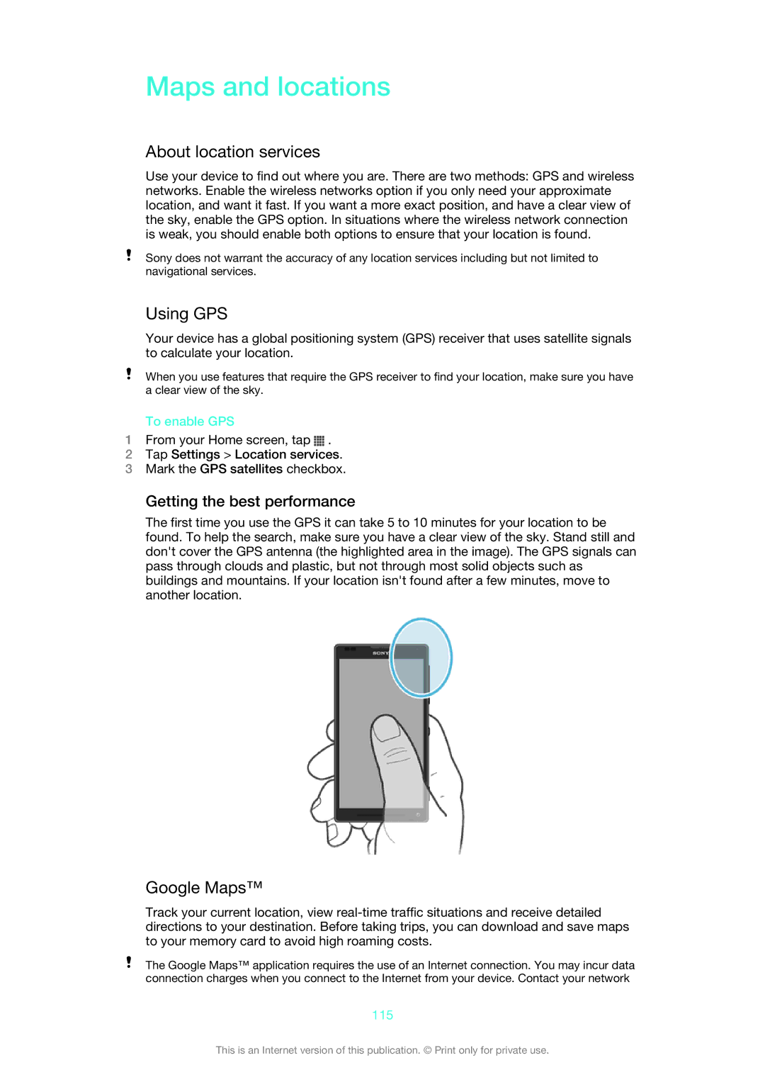 Sony 1273-5759, C6502 Maps and locations, About location services, Using GPS, Google Maps, Getting the best performance 