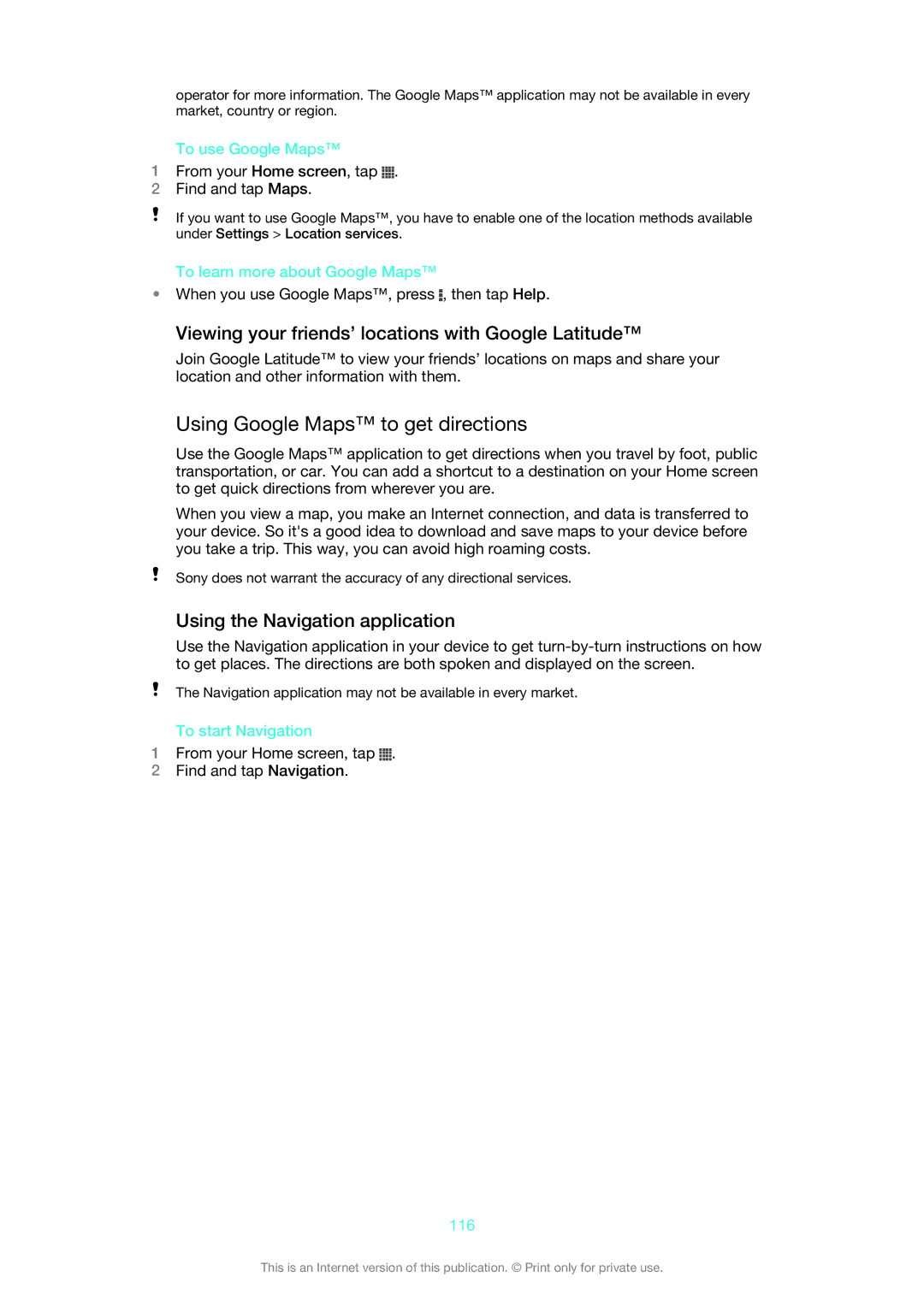 Sony C6502, C6503, C6506 manual Using Google Maps to get directions, Viewing your friends’ locations with Google Latitude 