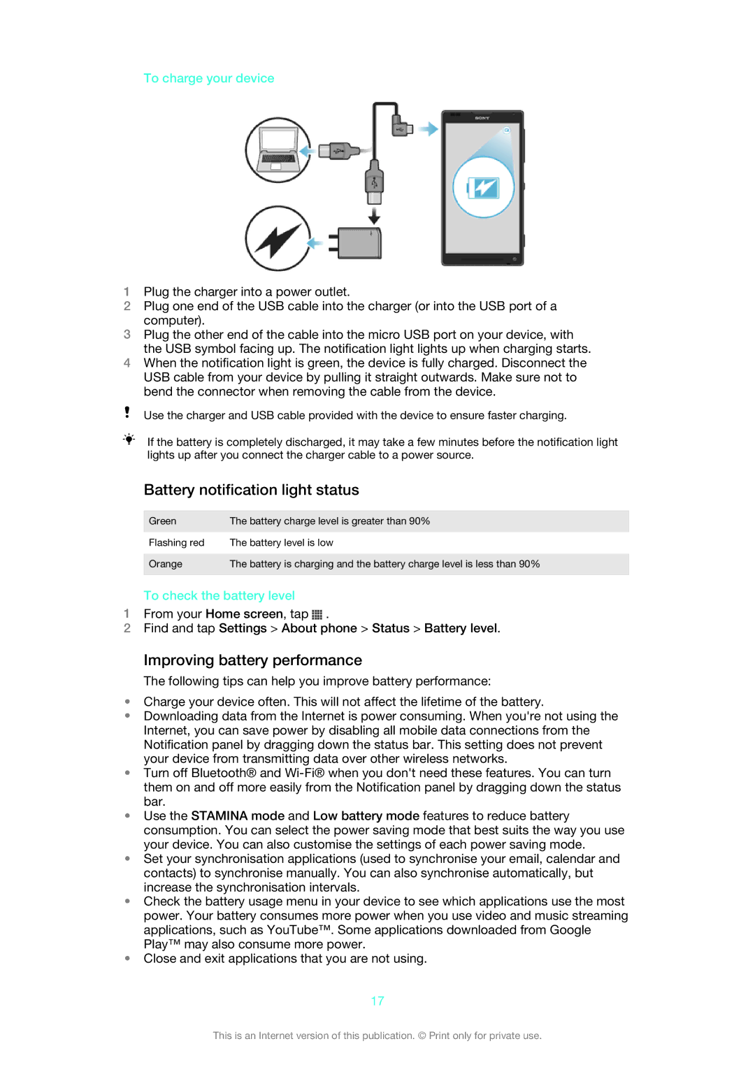 Sony C6503, C6502, C6506, 1273-5759 Battery notification light status, Improving battery performance, To charge your device 