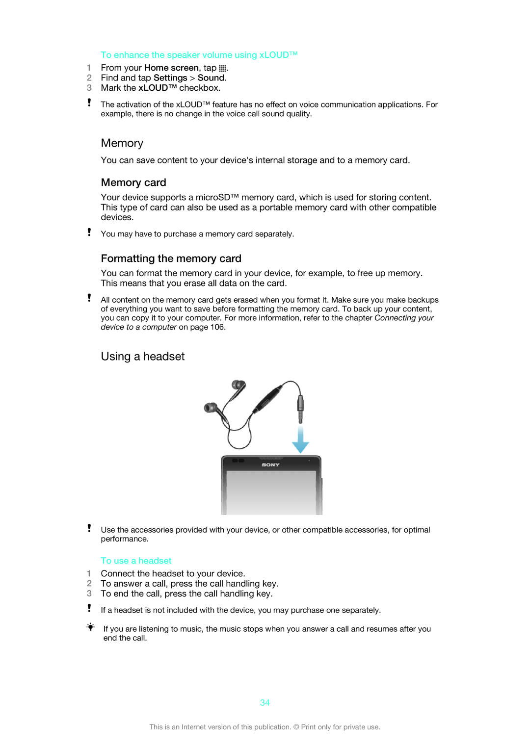 Sony C6506, C6502, C6503, 1273-5759 manual Using a headset, Memory card, Formatting the memory card 