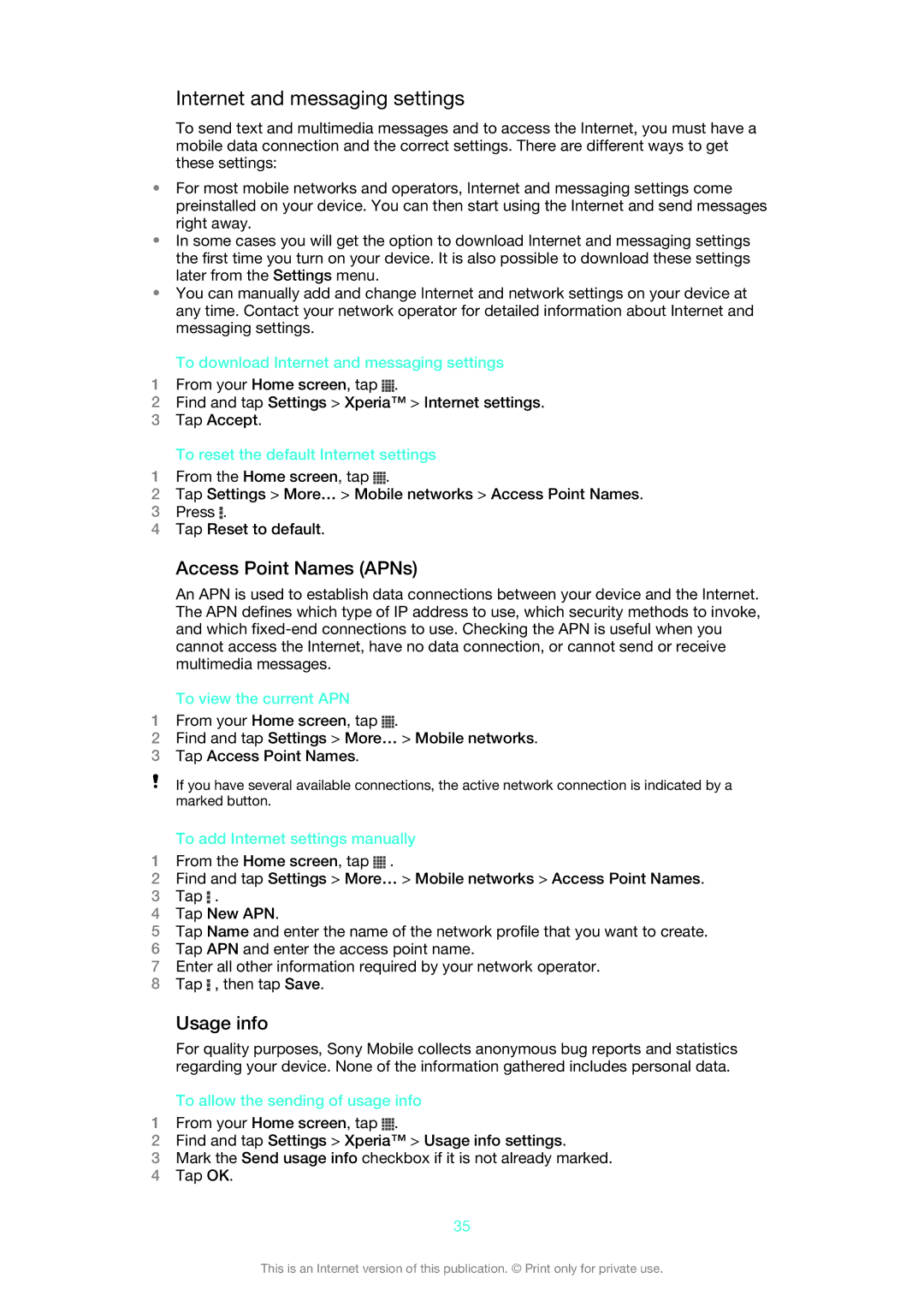 Sony 1273-5759, C6502, C6503, C6506 manual Internet and messaging settings, Access Point Names APNs, Usage info 