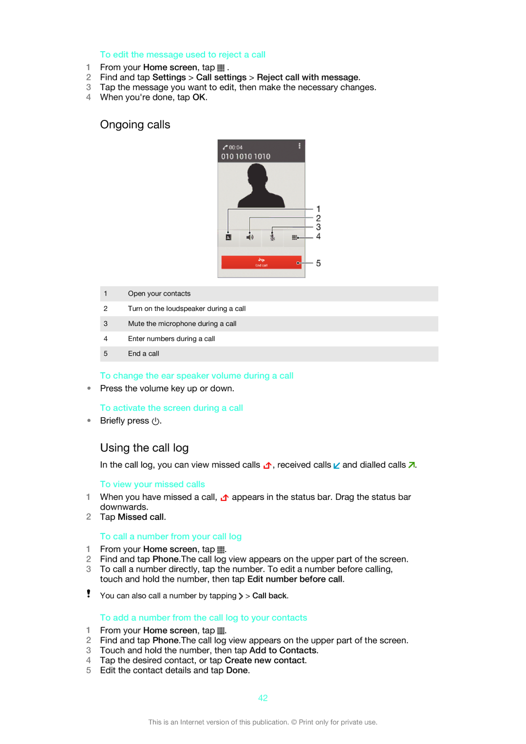 Sony C6506, C6502, C6503, 1273-5759 manual Ongoing calls, Using the call log 