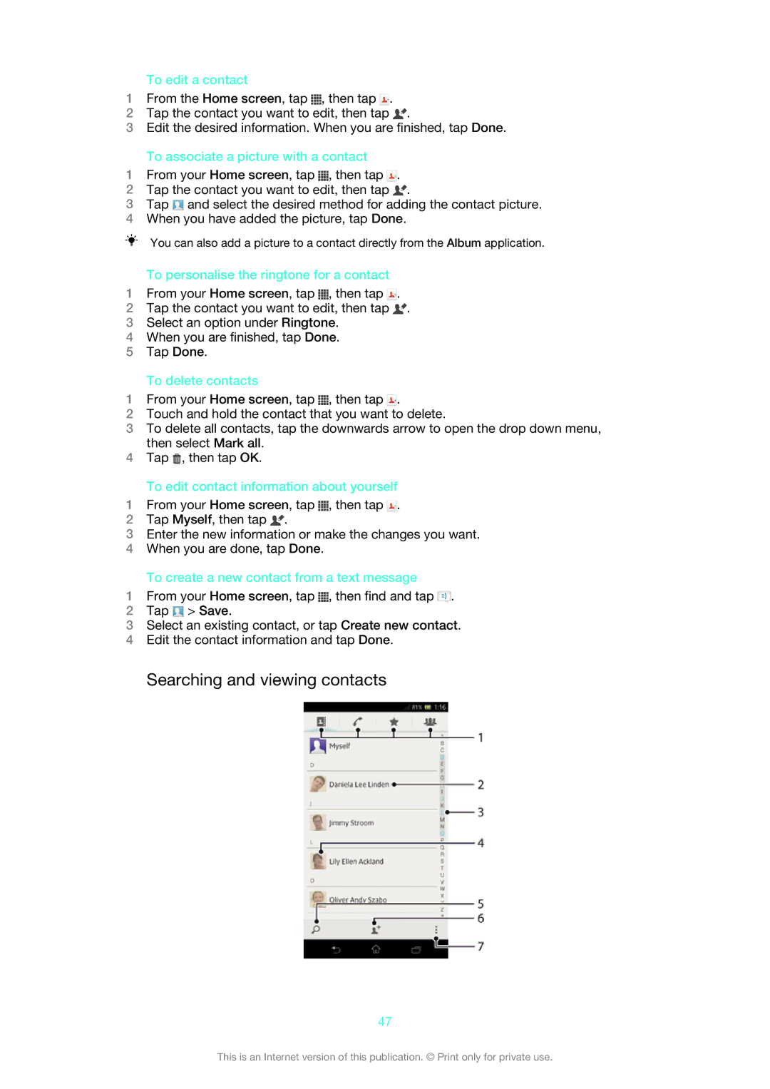 Sony 1273-5759, C6502, C6503, C6506 manual Searching and viewing contacts 