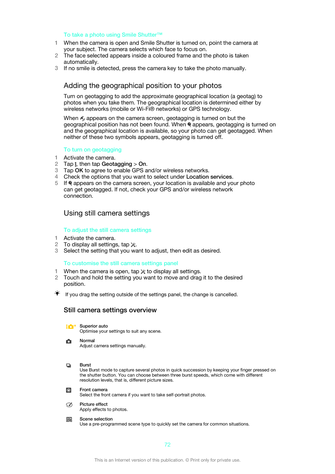 Sony C6502 Adding the geographical position to your photos, Using still camera settings, Still camera settings overview 