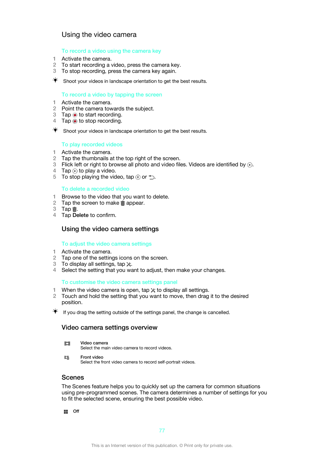 Sony C6503, C6502, C6506, 1273-5759 manual Using the video camera settings, Video camera settings overview, Scenes 