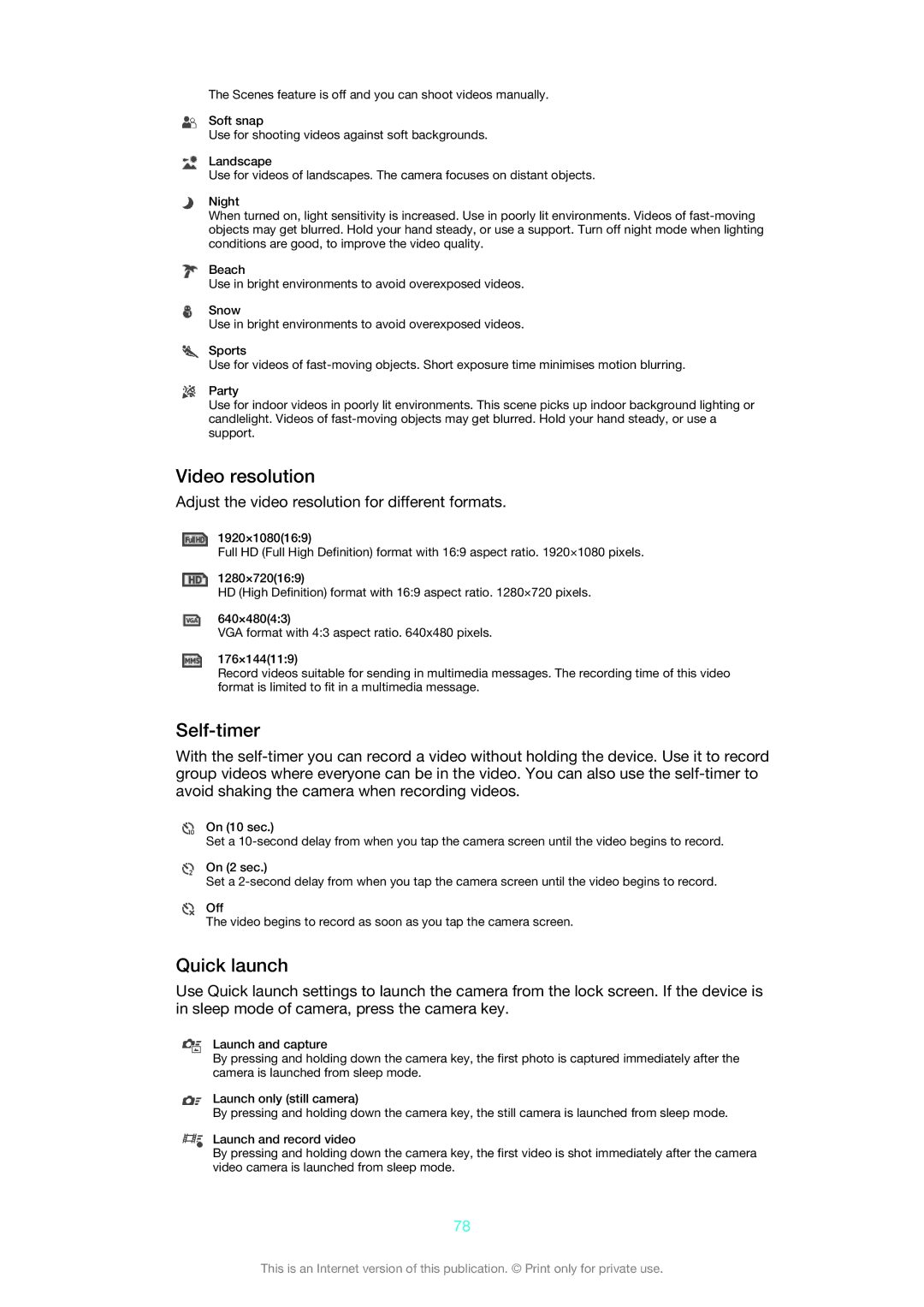 Sony C6506, C6502, C6503, 1273-5759 manual Video resolution, Adjust the video resolution for different formats 