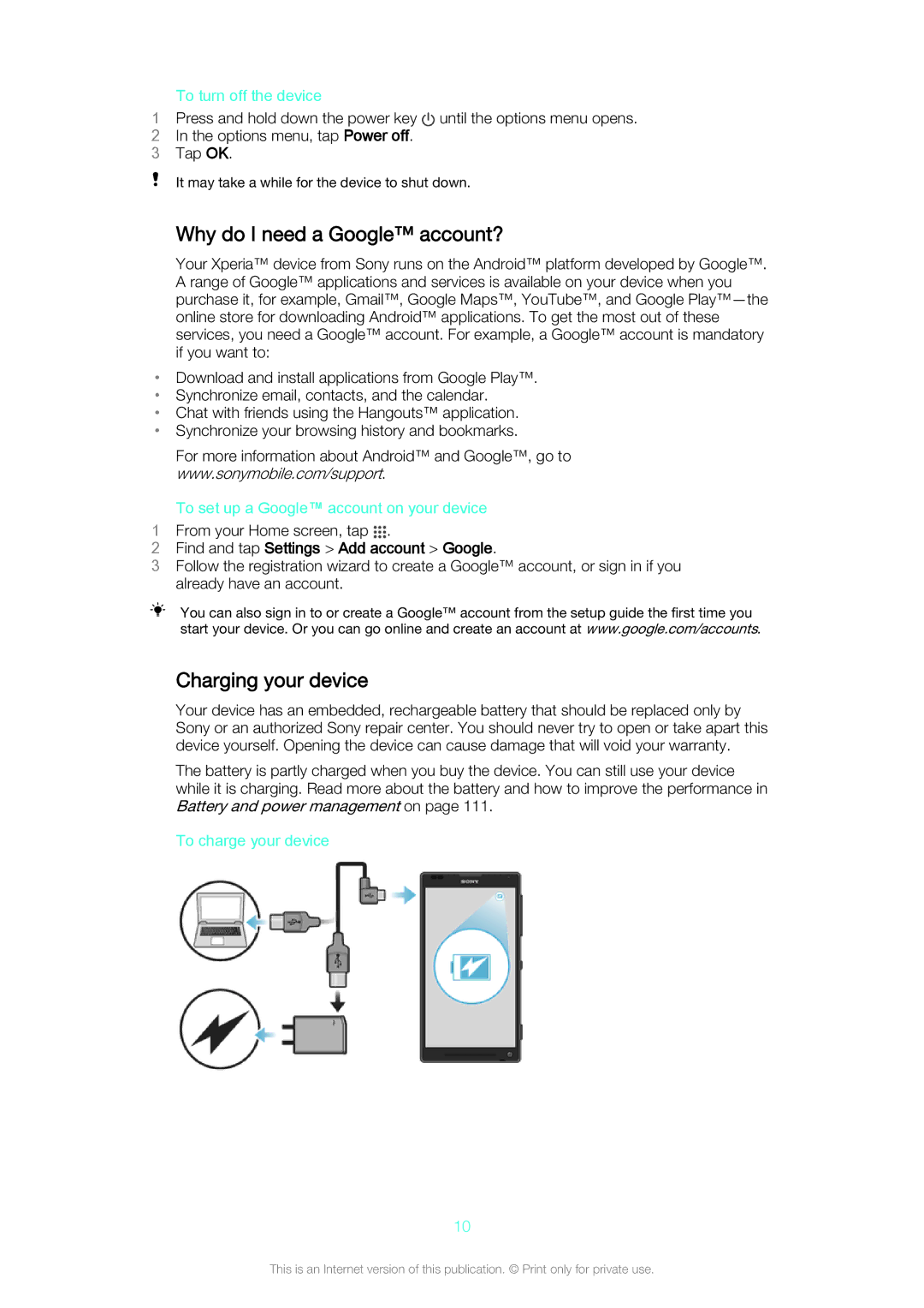 Sony C6503, C6502, C6506 Why do I need a Google account?, Charging your device, Find and tap Settings Add account Google 