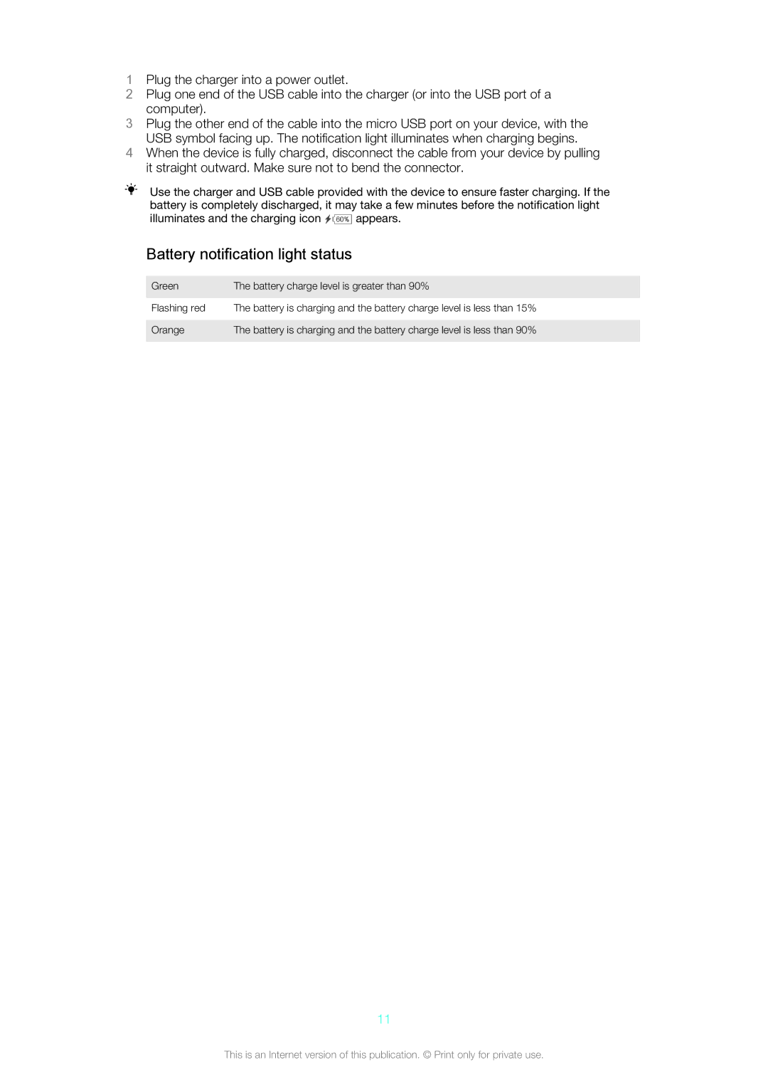 Sony C6506, C6502, C6503 manual Battery notification light status 