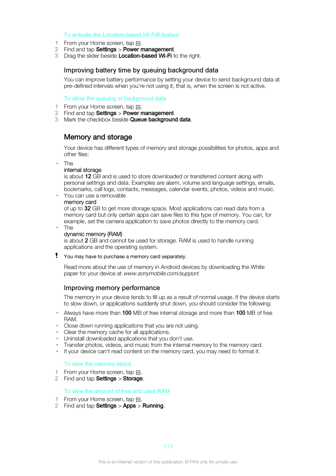 Sony C6506, C6502 manual Memory and storage, Improving battery time by queuing background data, Improving memory performance 