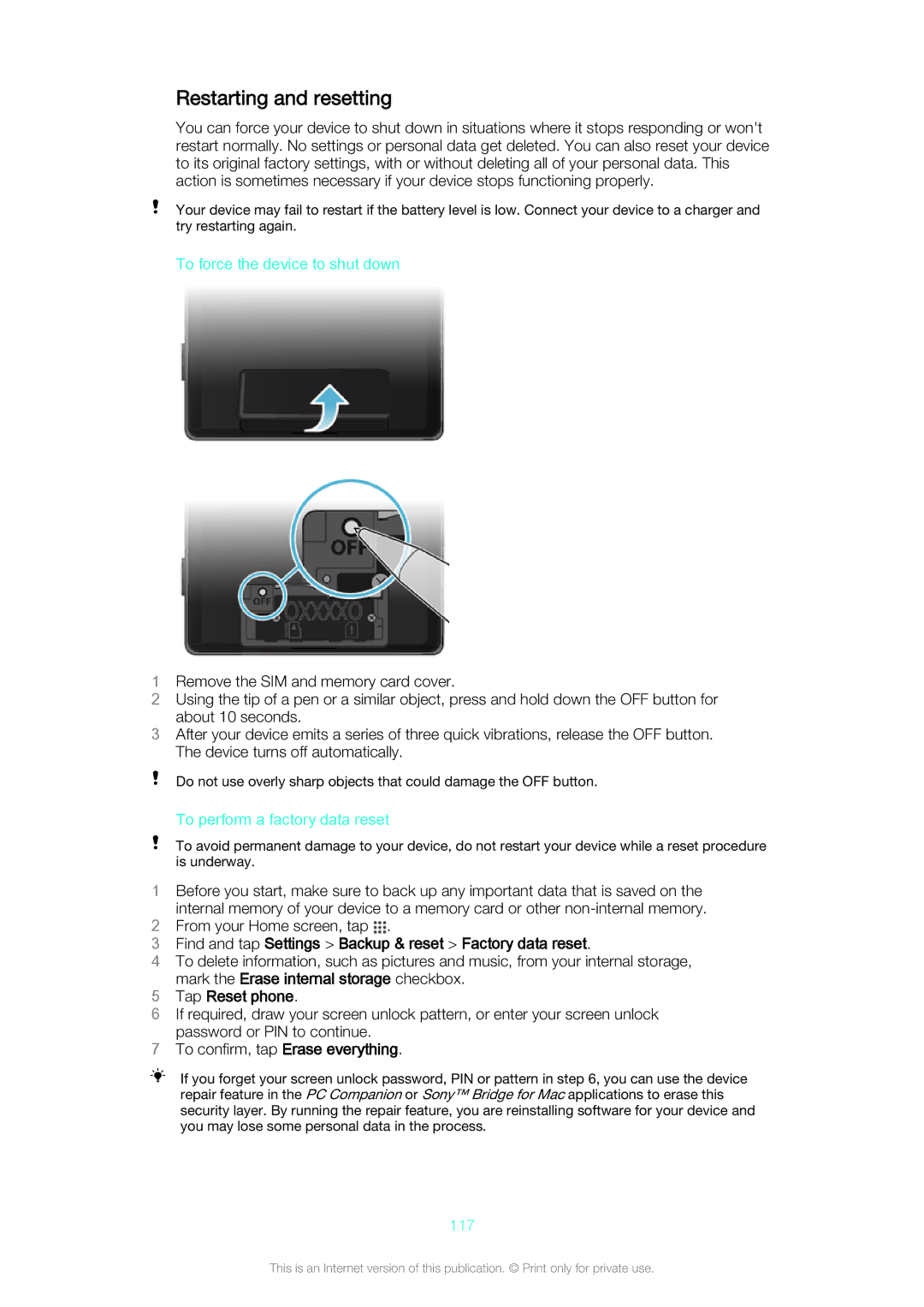 Sony C6502, C6503, C6506 Restarting and resetting, Find and tap Settings Backup & reset Factory data reset, Tap Reset phone 