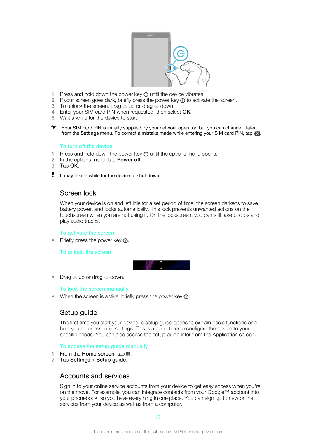 Sony C6506, C6502, C6503 manual Screen lock, Setup guide, Accounts and services 