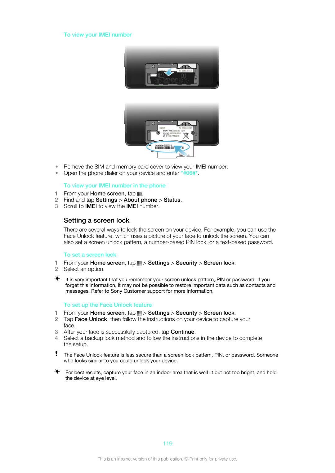 Sony C6503, C6502, C6506 manual Setting a screen lock 