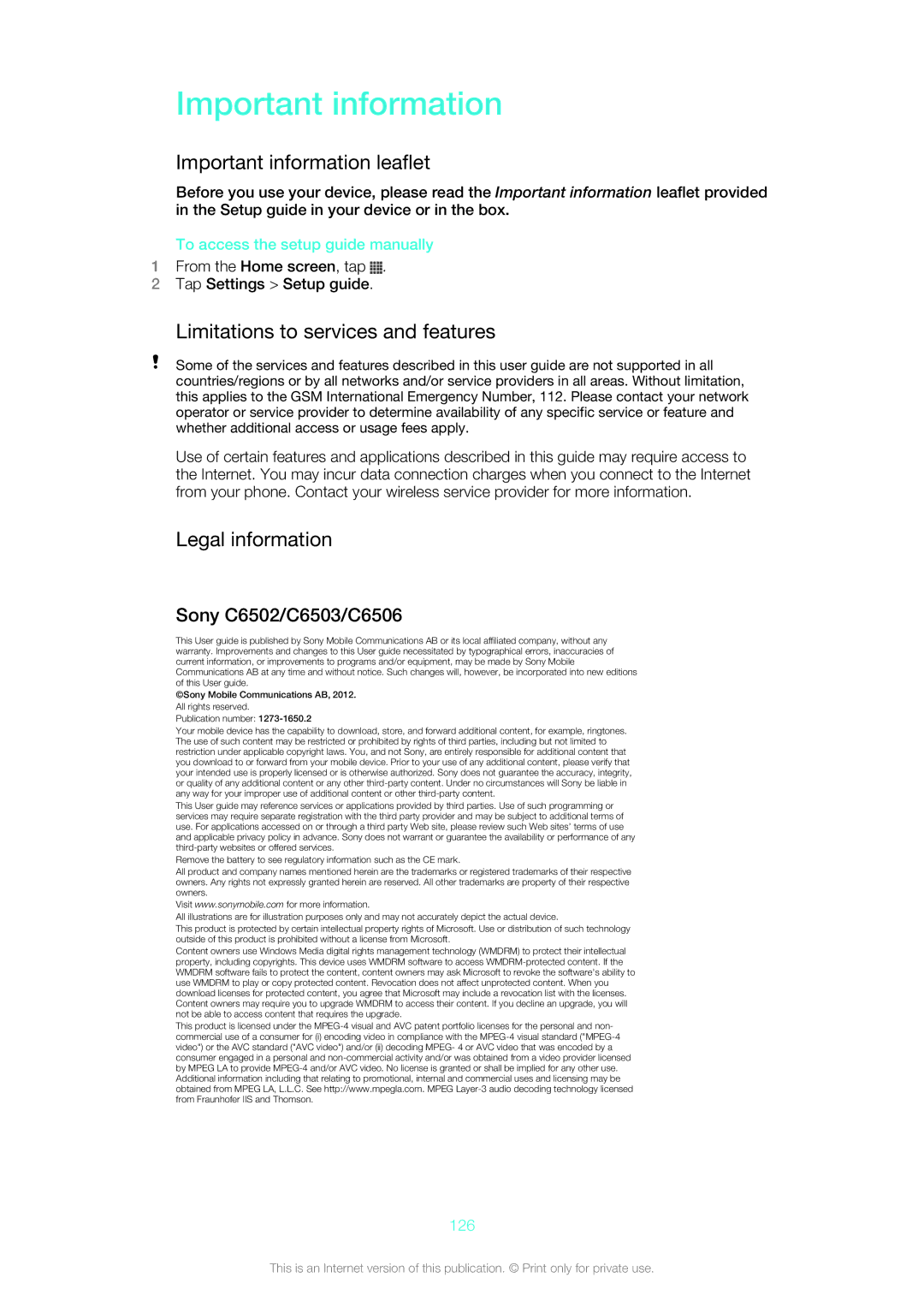 Sony C6506, C6502, C6503 manual Important information leaflet, Limitations to services and features, Legal information 