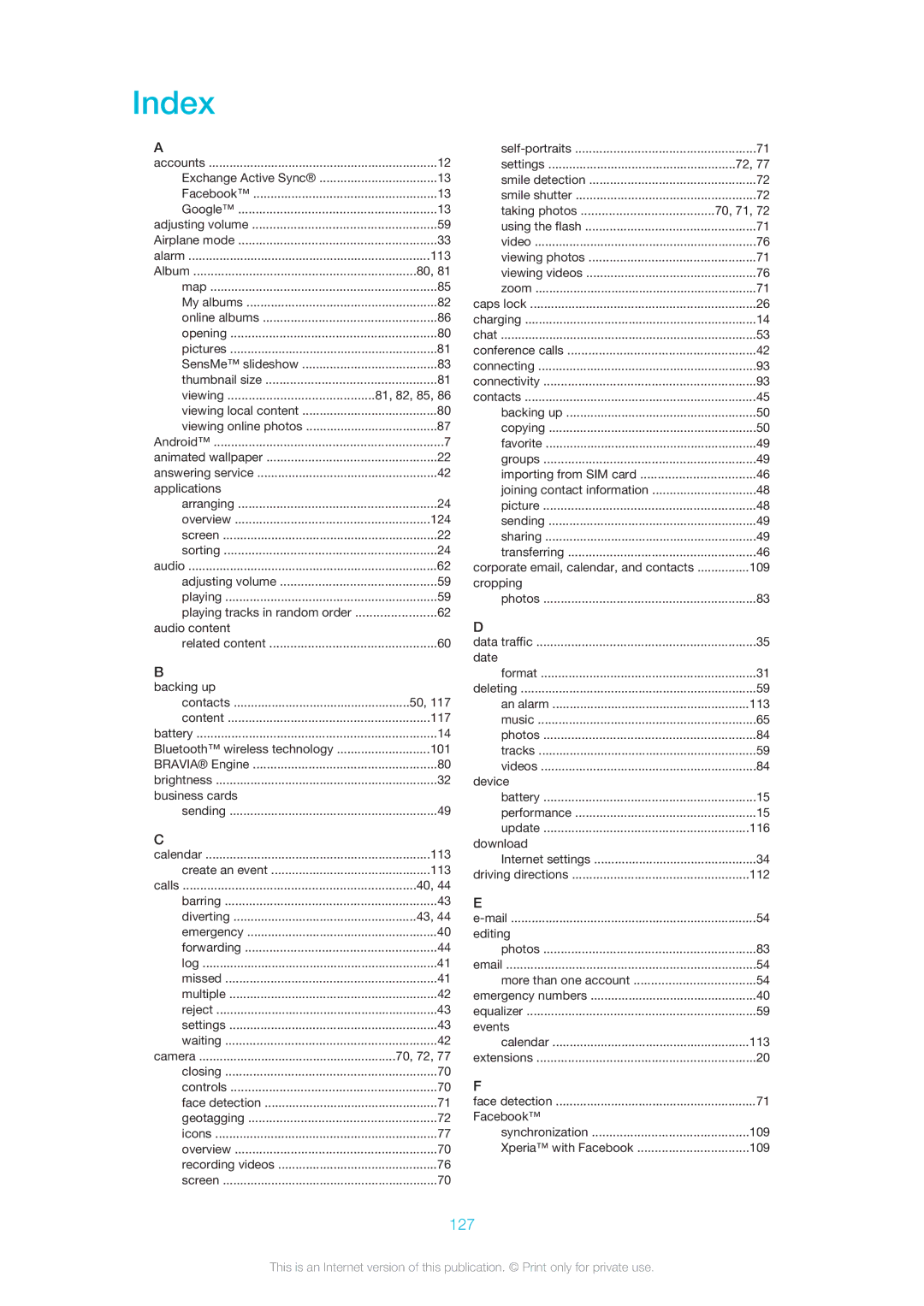 Sony C6502, C6503, C6506 manual Index, 127 