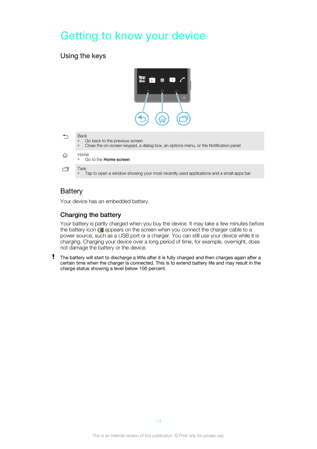 Sony C6503 Getting to know your device, Using the keys, Battery, Charging the battery, Your device has an embedded battery 