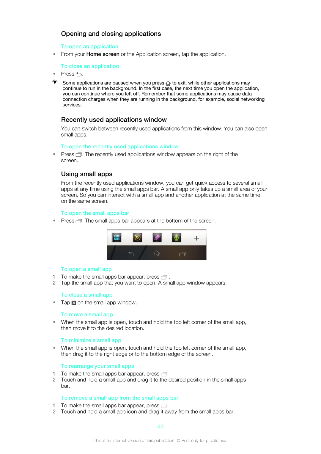 Sony C6503, C6502, C6506 manual Opening and closing applications, Recently used applications window, Using small apps 