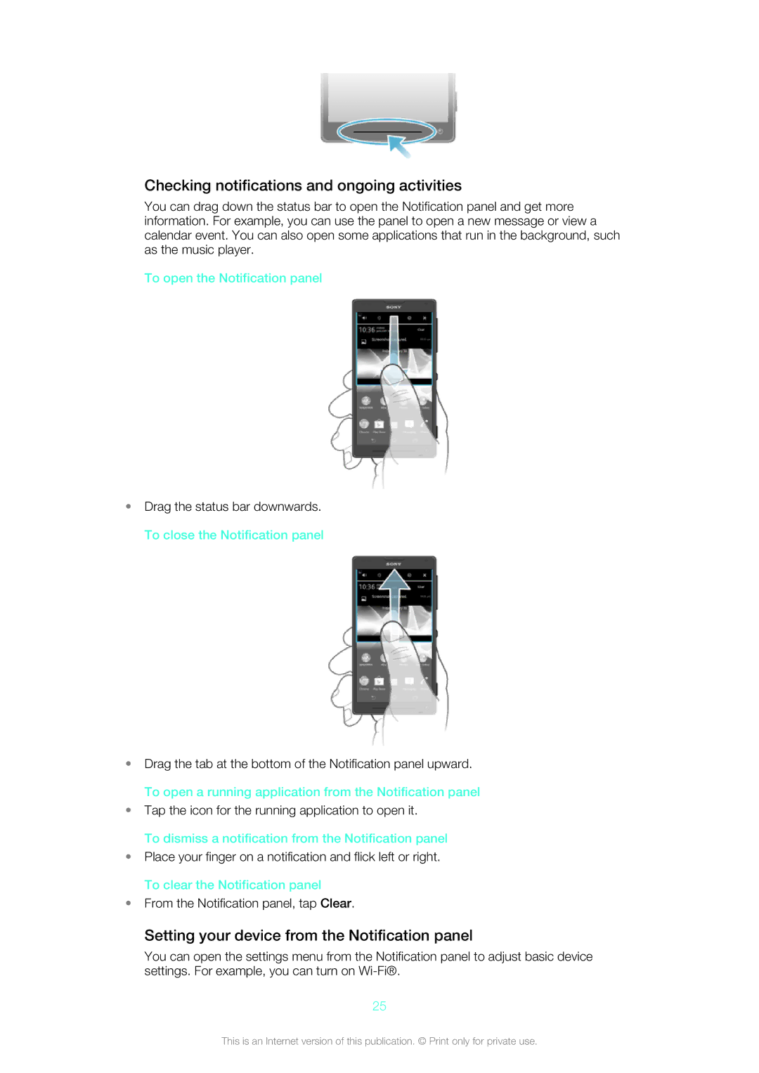 Sony C6502, C6503, C6506 Checking notifications and ongoing activities, Setting your device from the Notification panel 