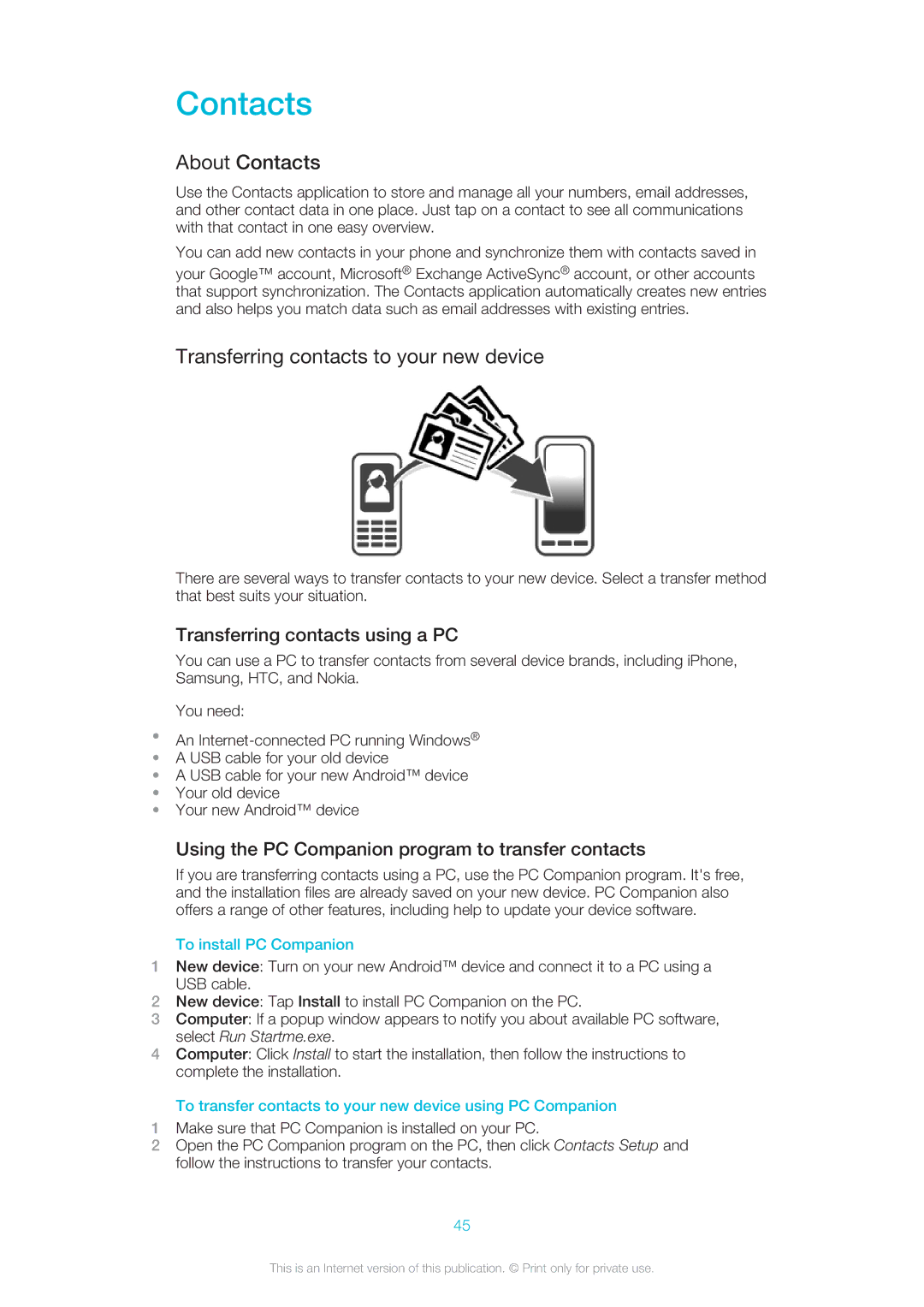 Sony C6506, C6502, C6503 About Contacts, Transferring contacts to your new device, Transferring contacts using a PC 