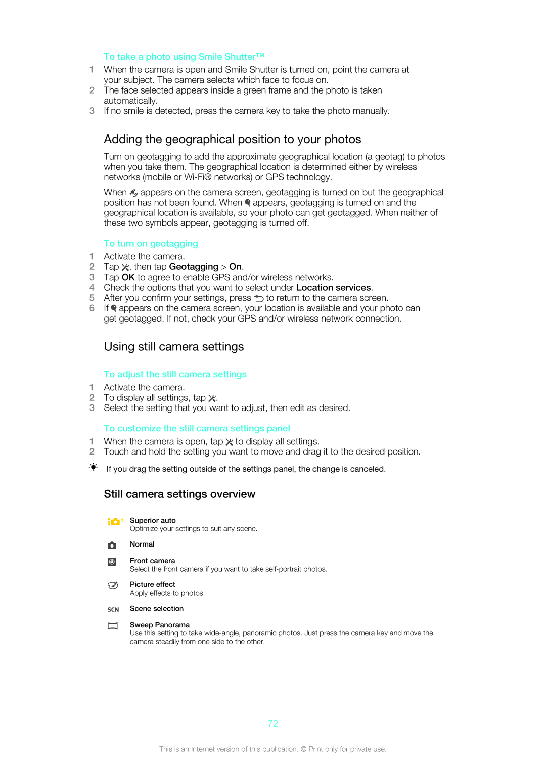 Sony C6506 Adding the geographical position to your photos, Using still camera settings, Still camera settings overview 