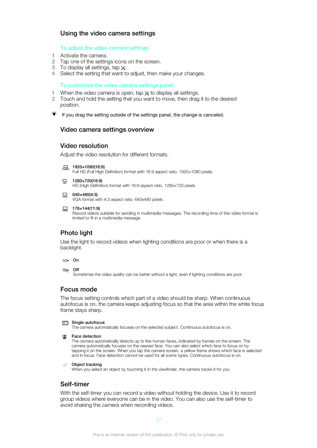 Sony C6503 manual Using the video camera settings, Video camera settings overview Video resolution, Photo light, Focus mode 