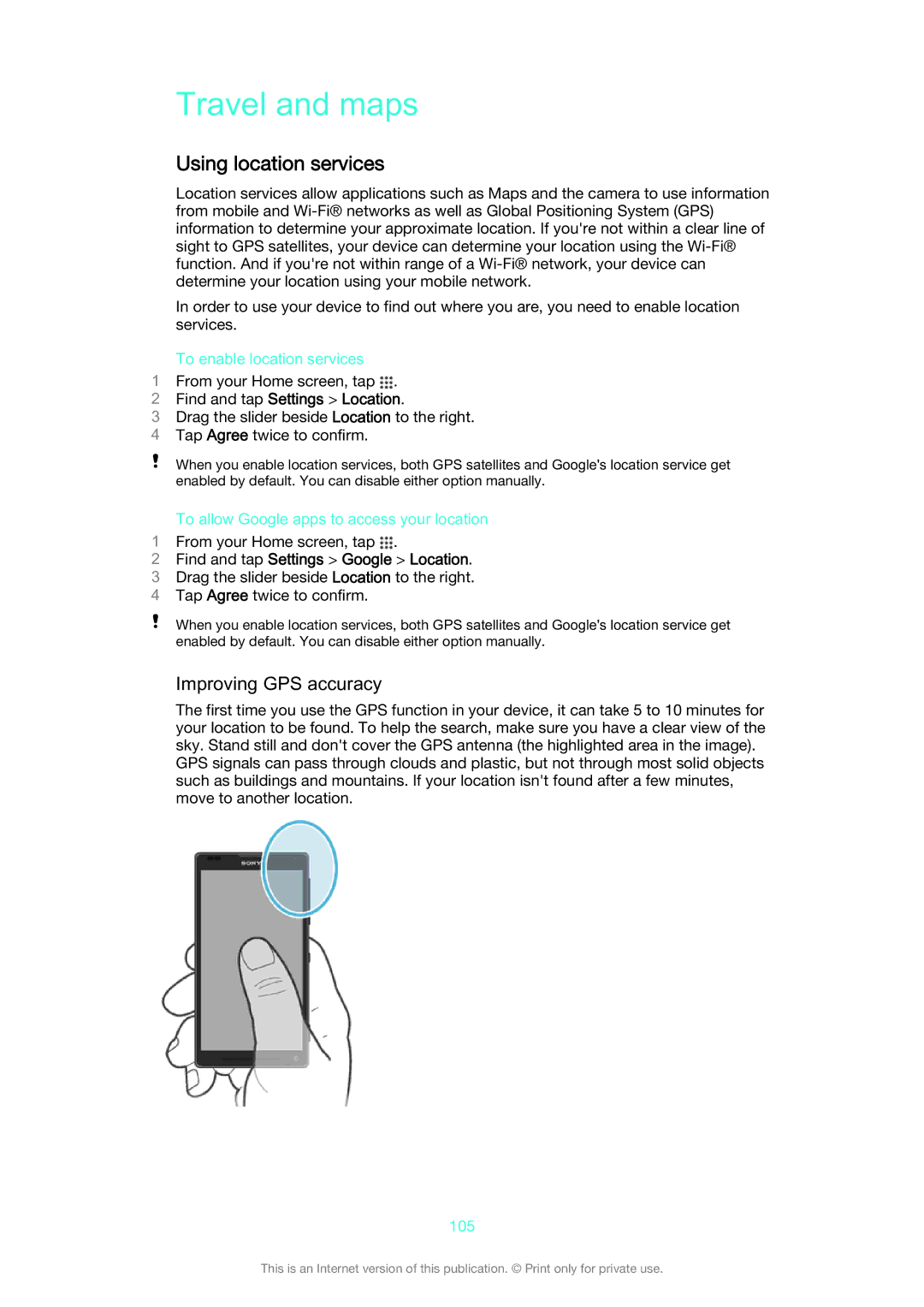 Sony C6502, C6503, C6506 Travel and maps, Using location services, Improving GPS accuracy, Find and tap Settings Location 