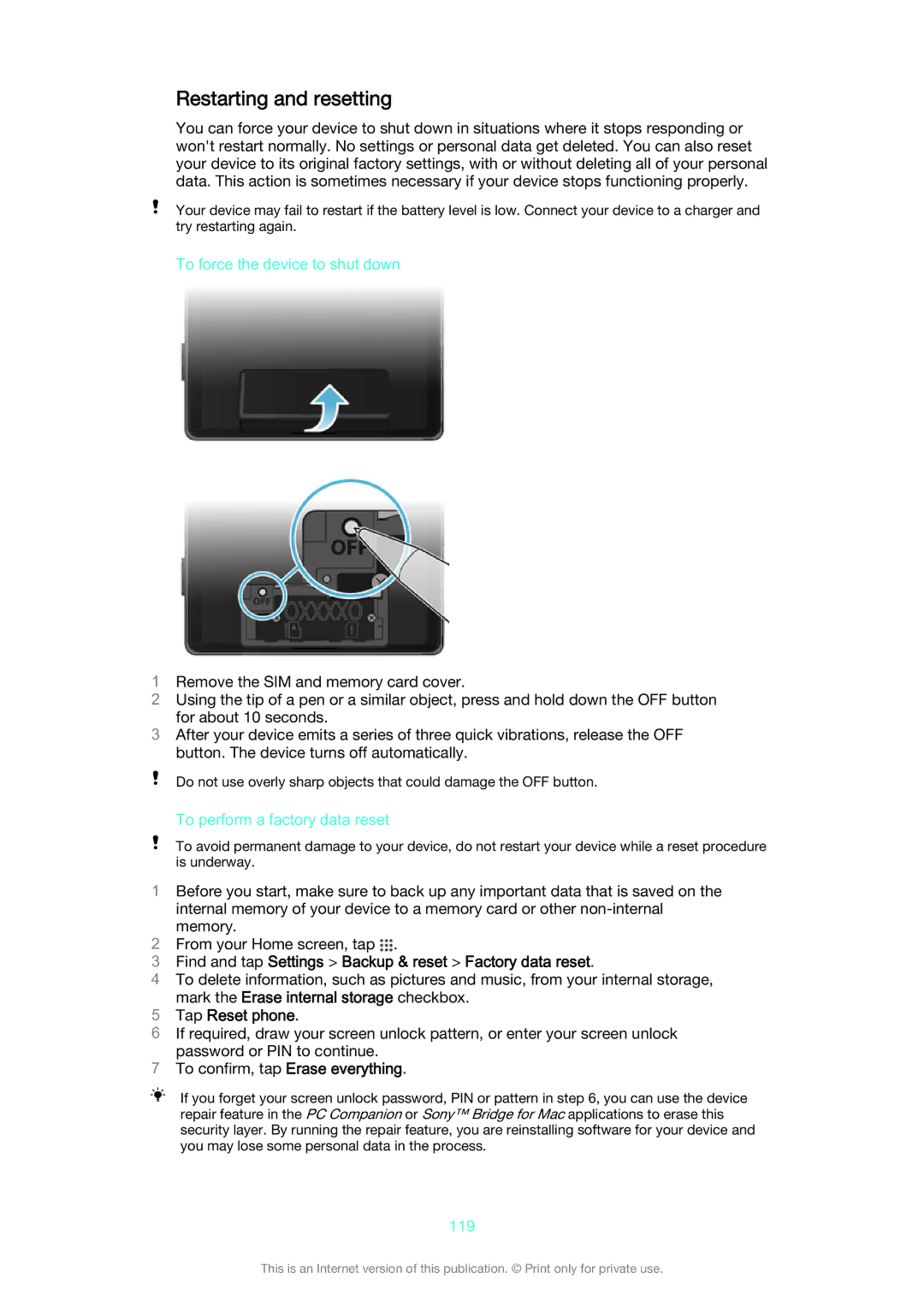 Sony C6506, C6502, C6503 Restarting and resetting, Find and tap Settings Backup & reset Factory data reset, Tap Reset phone 