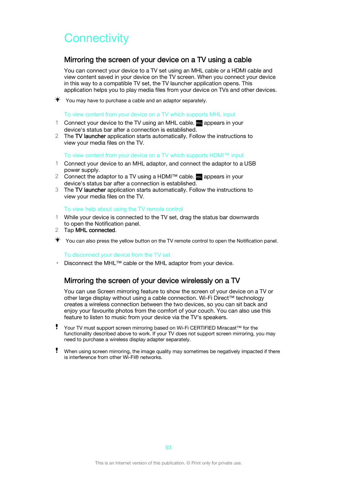 Sony C6502, C6503, C6506 manual Connectivity, Mirroring the screen of your device on a TV using a cable, Tap MHL connected 