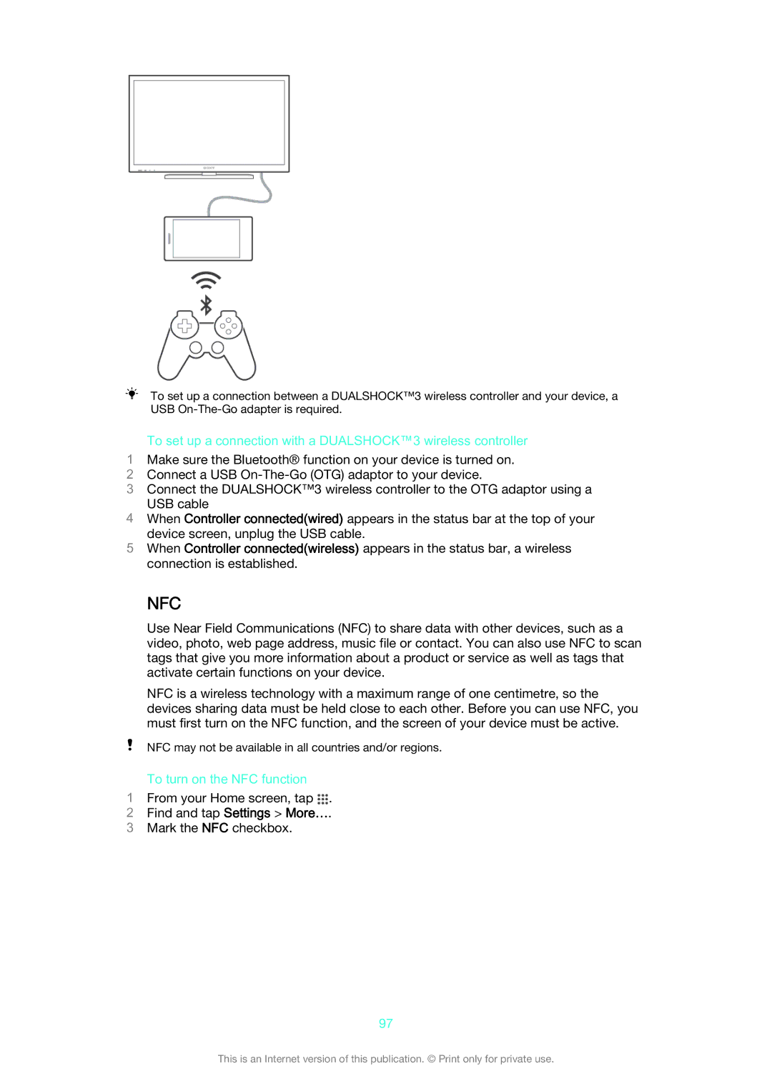 Sony C6503, C6502, C6506 manual To set up a connection with a DUALSHOCK3 wireless controller, To turn on the NFC function 