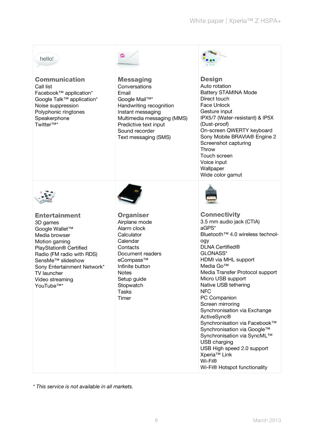 Sony C6602 manual Communication Messaging Design, Entertainment Organiser Connectivity 