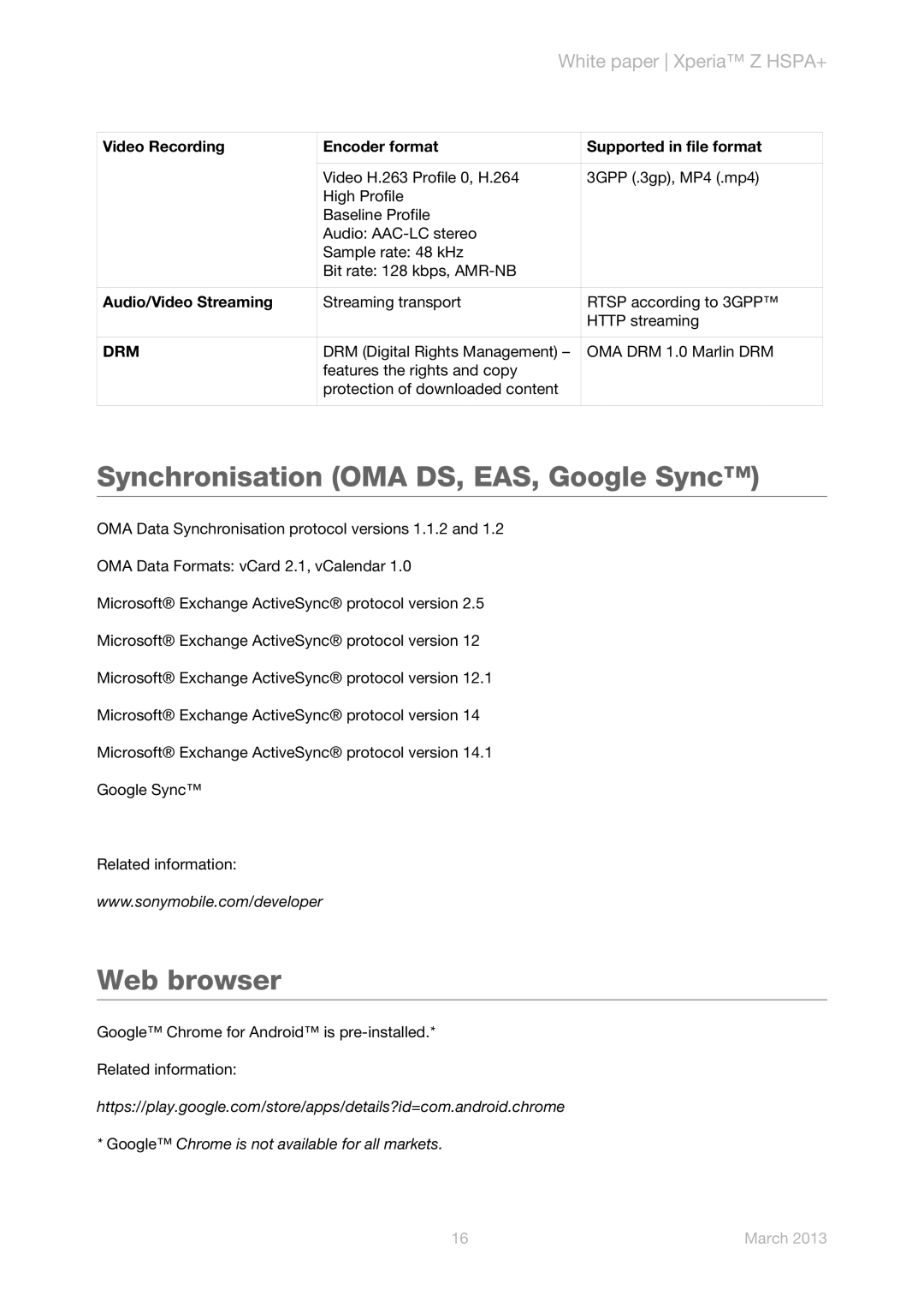 Sony C6602 Synchronisation OMA DS, EAS, Google Sync, Web browser, Video Recording Encoder format Supported in file format 