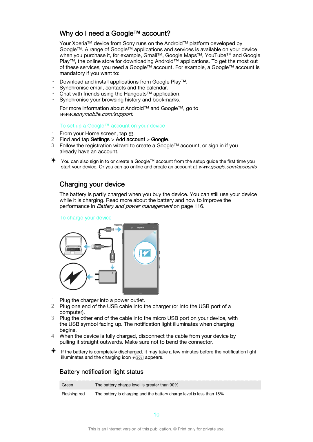 Sony C6603/C6602 manual Why do I need a Google account?, Charging your device, Battery notification light status 