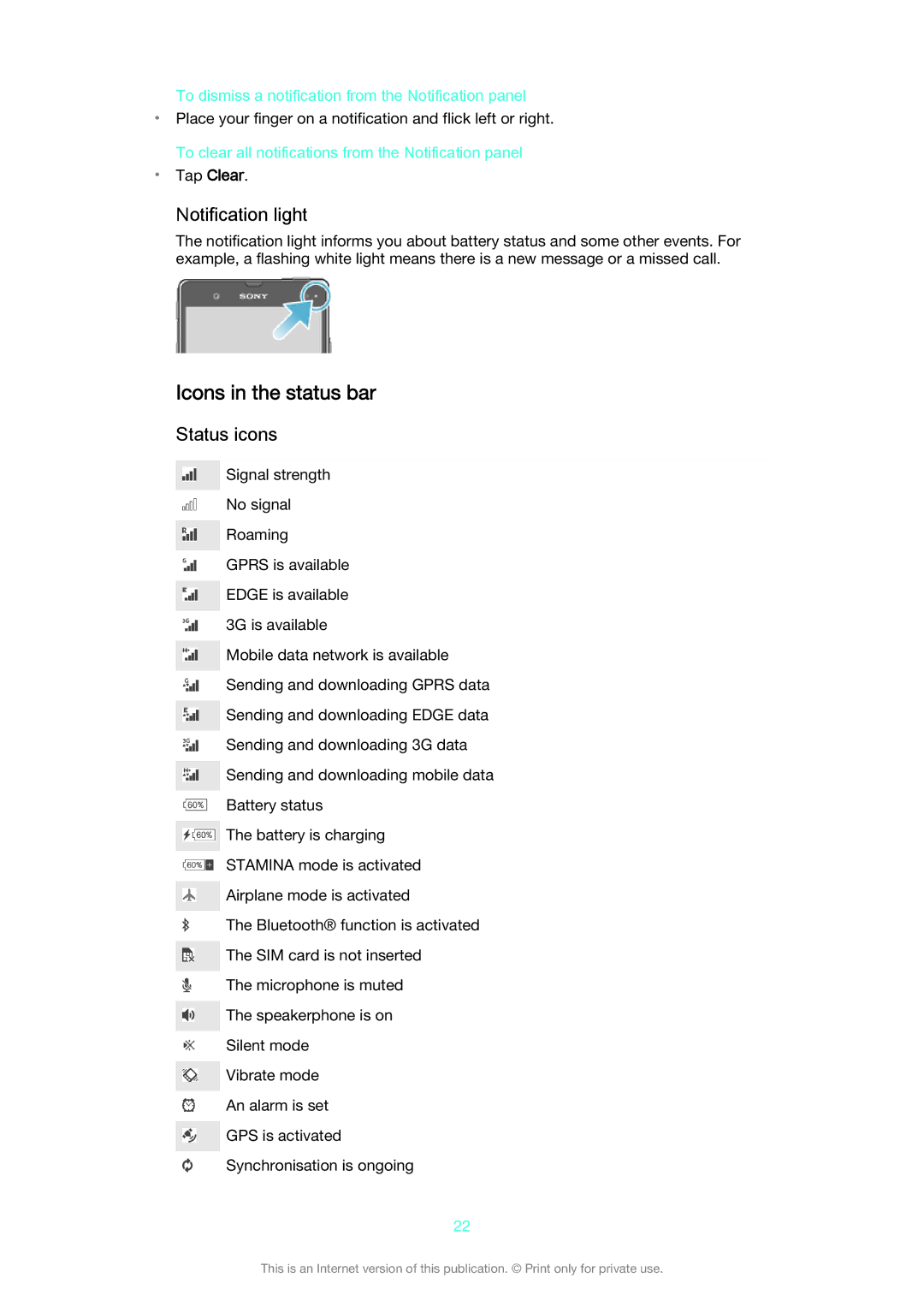 Sony C6603/C6602 manual Icons in the status bar, Notification light, Status icons 