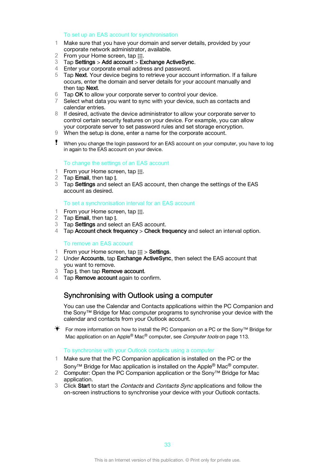 Sony C6603/C6602 manual Synchronising with Outlook using a computer, Tap Settings Add account Exchange ActiveSync 