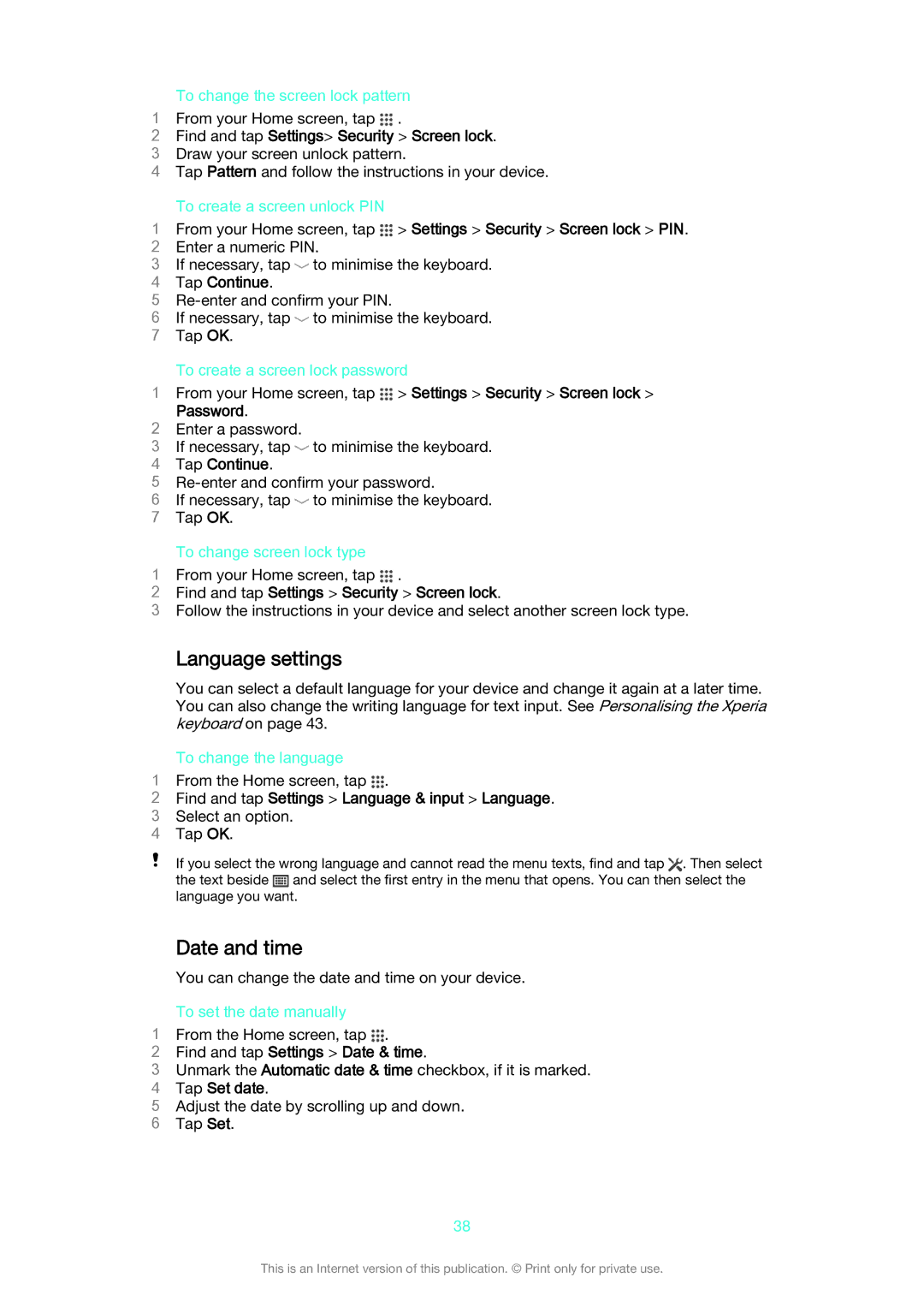 Sony C6603/C6602 manual Language settings, Date and time 